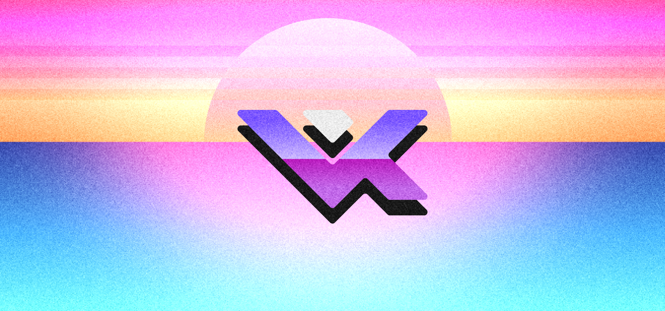 vexide logo over a vaporwave-stylized beach.